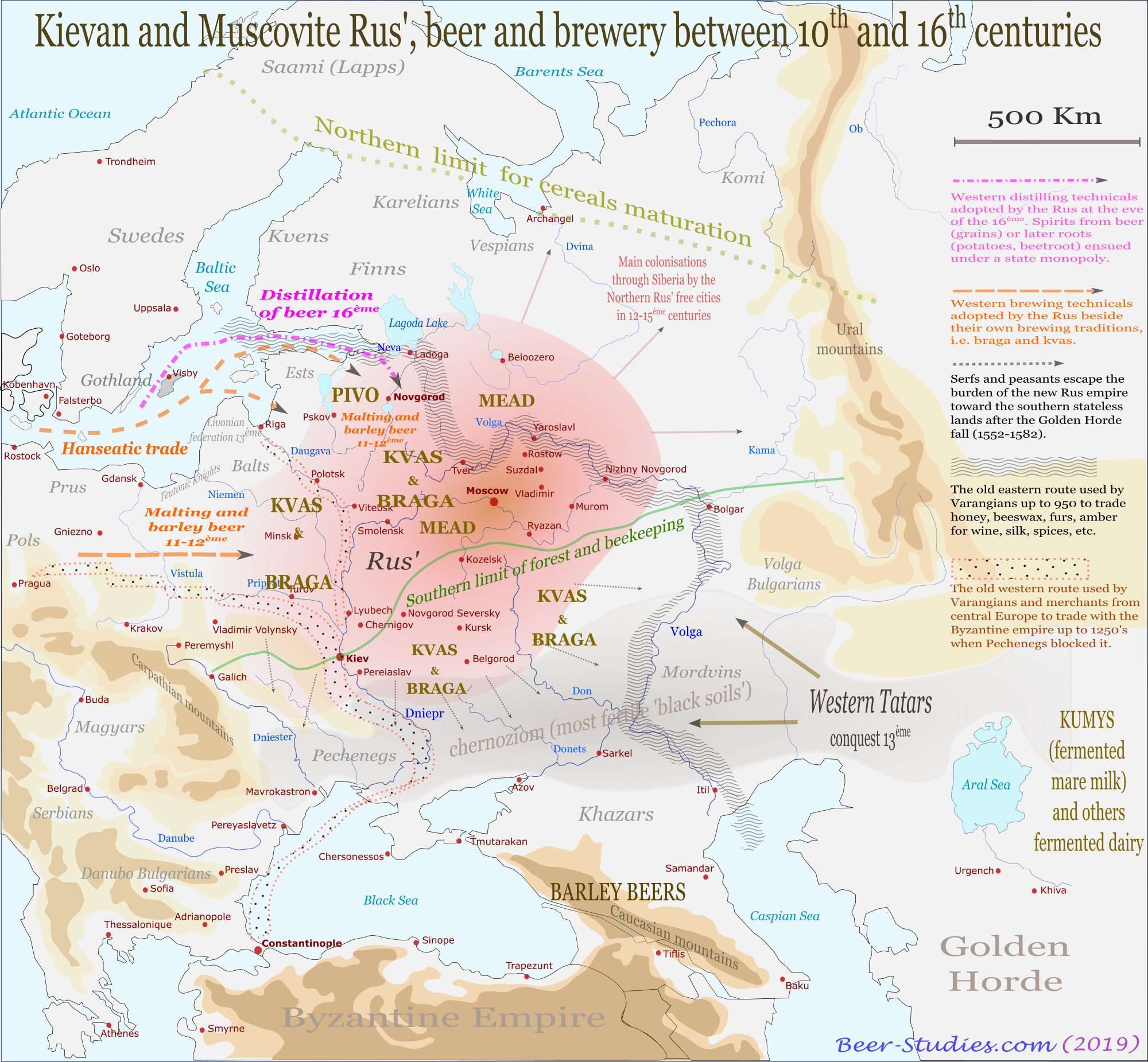 Muscovy, its brewing traditions (kvas, braga and pivo) from 10th to 16th centuries, a country between the Tatars in the east (fermented mare's milk) and the Hanseatic cities in the west (barley beer). Developments in brewing techniques and population movements.